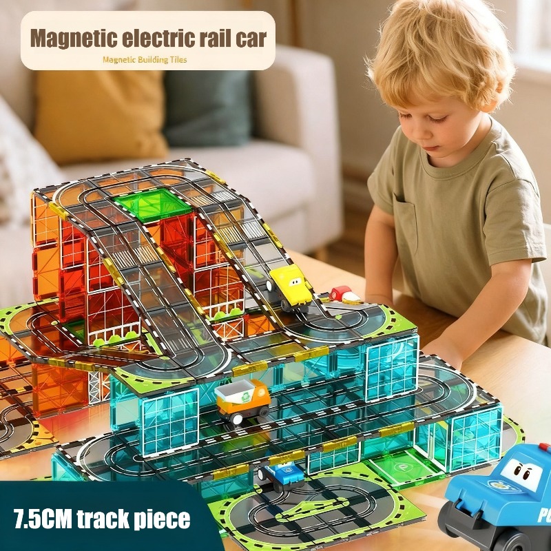 Kids Toys Electric Car - 創造的な磁気電気鉄道車両子供 DIY 都市道路車両モデルトラック磁気ブロックスプライシングパズルおもちゃギフト子供のための