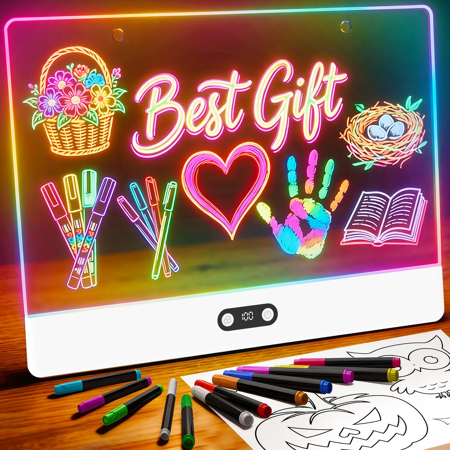 Kids Toys Drawing - 子供用充電式LEDお絵かきボード、16インチライトアップアクリル製ドライイレースLEDノートボード（スタンド付き）、11種類の光効果付きお絵かきタブレット、子供向け誕生日・ホリデーギフト、12本のマーカー（白）