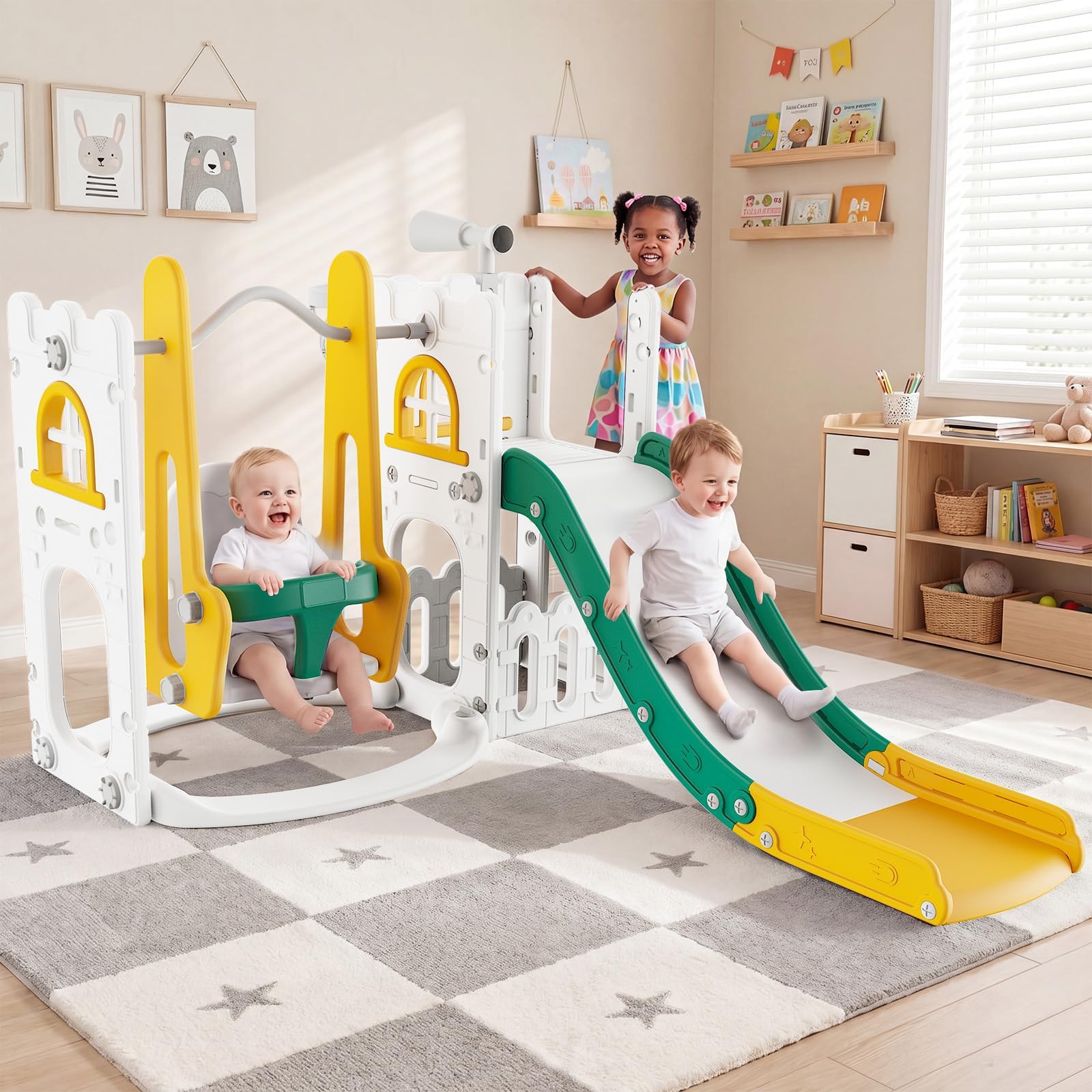 Basketball Hoop Kids Indoor - 7 in 1 幼児用スライド＆スイングセット 室内・屋外用キッズプレイグラウンド クライマー