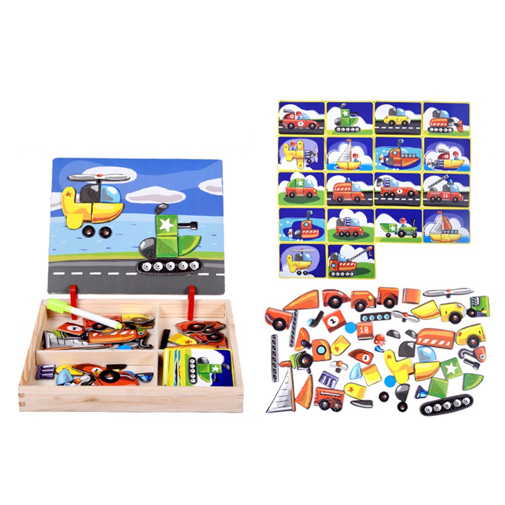 Kids Toys Drawing Easy - 木製磁気3Dパズル 蓋付き 教育用磁気ステッカーおもちゃ 2つのホルダー付き 収納簡単 子供用描画ホワイトボード