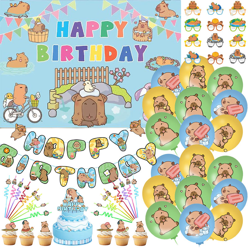 Banner Kids Toys - 漫画カピバラパーティー用品カピバラ誕生日装飾背景カッププレートバナー風船セット子供のおもちゃギフトパーティーの好意