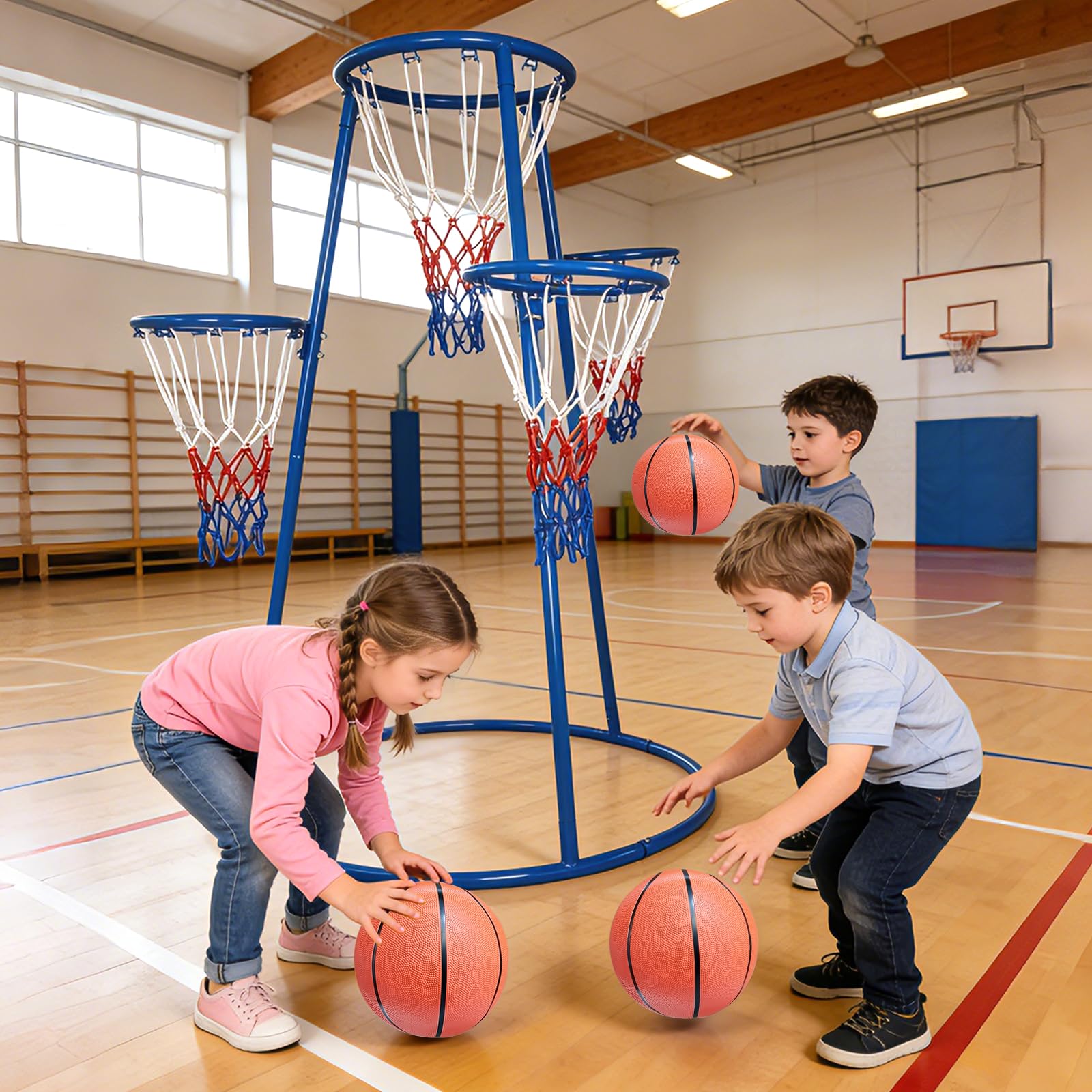 Basketball Hoop Kids Indoor - 4つのフープ付き幼児用バスケットボールセット（ボール4個とポンプ付き）、高さ調節可能な屋内外兼用バスケットボールゴールおもちゃ、3歳以上の未就学児向け