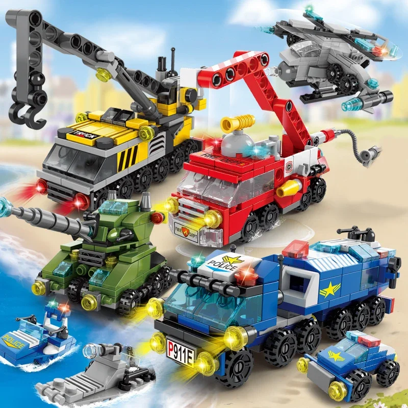 Kids Toys Helicopter - 子供のための消防車のビルディングブロック,警察のトラック,エンジニアリングクレーン,タンク,ヘリコプターのレンガセット,子供のおもちゃ,6in 1